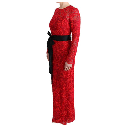 Dolce & Gabbana Red Floral Ricamo Sheath Long Dress WOMAN DRESSES