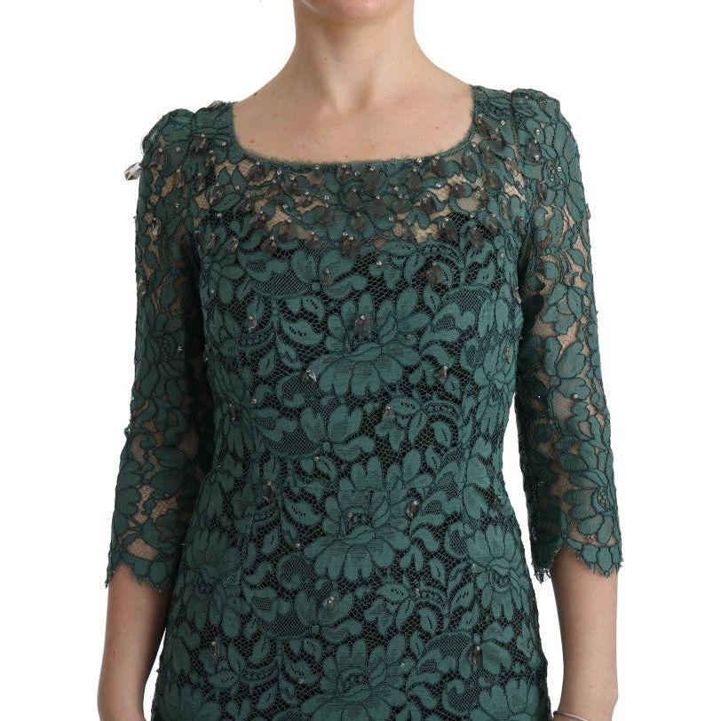 Dolce & Gabbana Green Floral Crystal Ricamo Sheath Dress