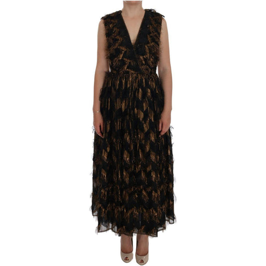 Dolce & Gabbana Black Silk Brown Fringes A-Line Dress DR1018-6