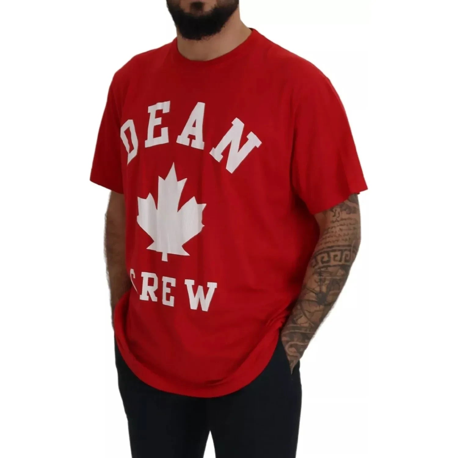 تي شيرت Dsquared² من القطن المطبوع باللون الأحمر بأكمام قصيرة ورقبة دائرية