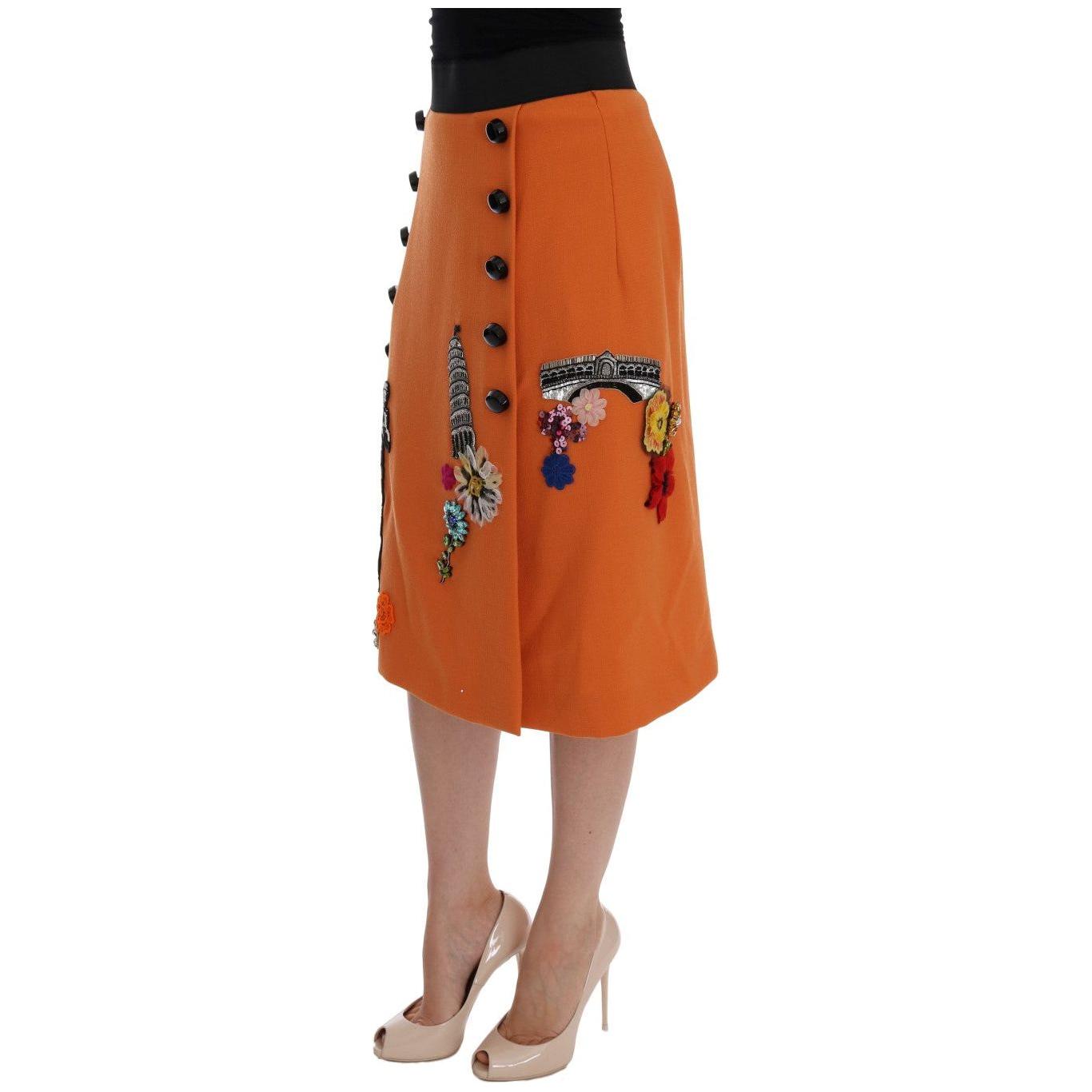 Dolce & Gabbana Orange Wool Crystal Sequin Appliques Skirt