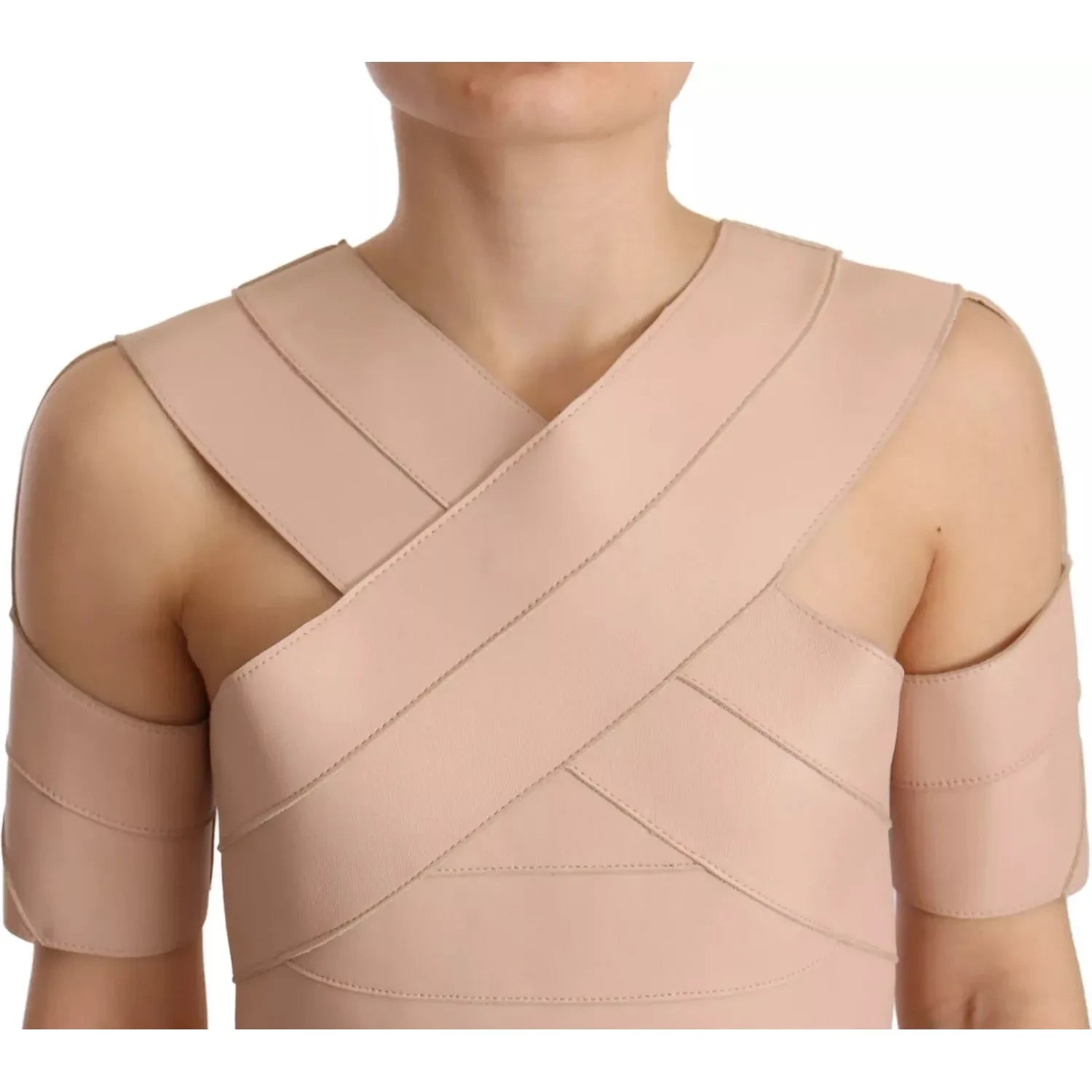 فستان قصير من الجلد باللون البيج من Dsquared² مفتوح الكتفين