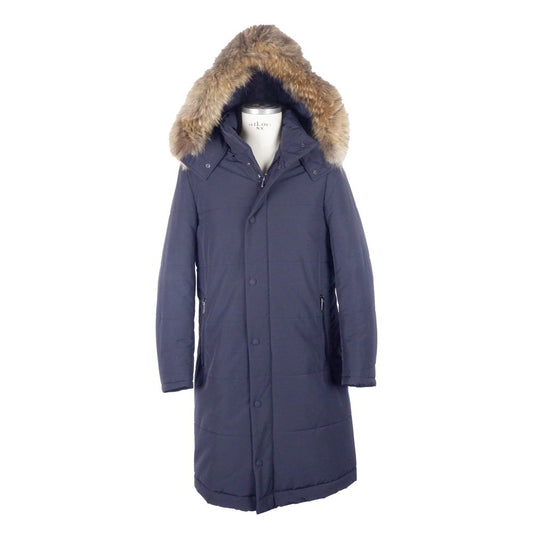 Made in Italy Blue Wool Men's Raincoat with fur-lined hood, designed from Loro Piana fabric for luxury and warmth.