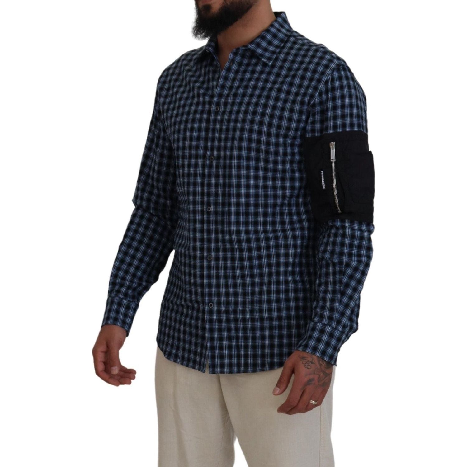 قميص رجالي من Dsquared² بأكمام طويلة ومطرز بنقشة مربعات سوداء متعددة الألوان