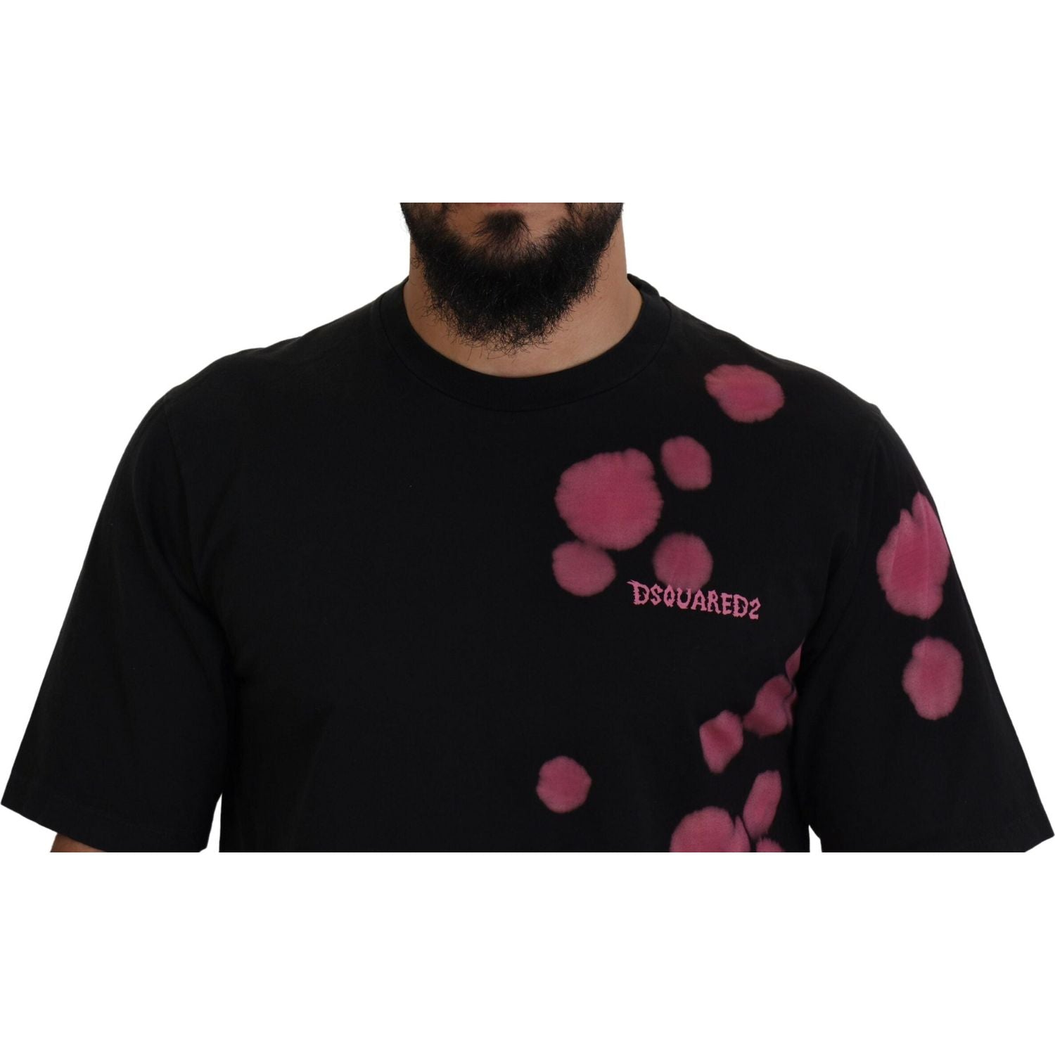 تي شيرت Dsquared² قطني بأكمام قصيرة ورقبة دائرية باللون الأسود والوردي
