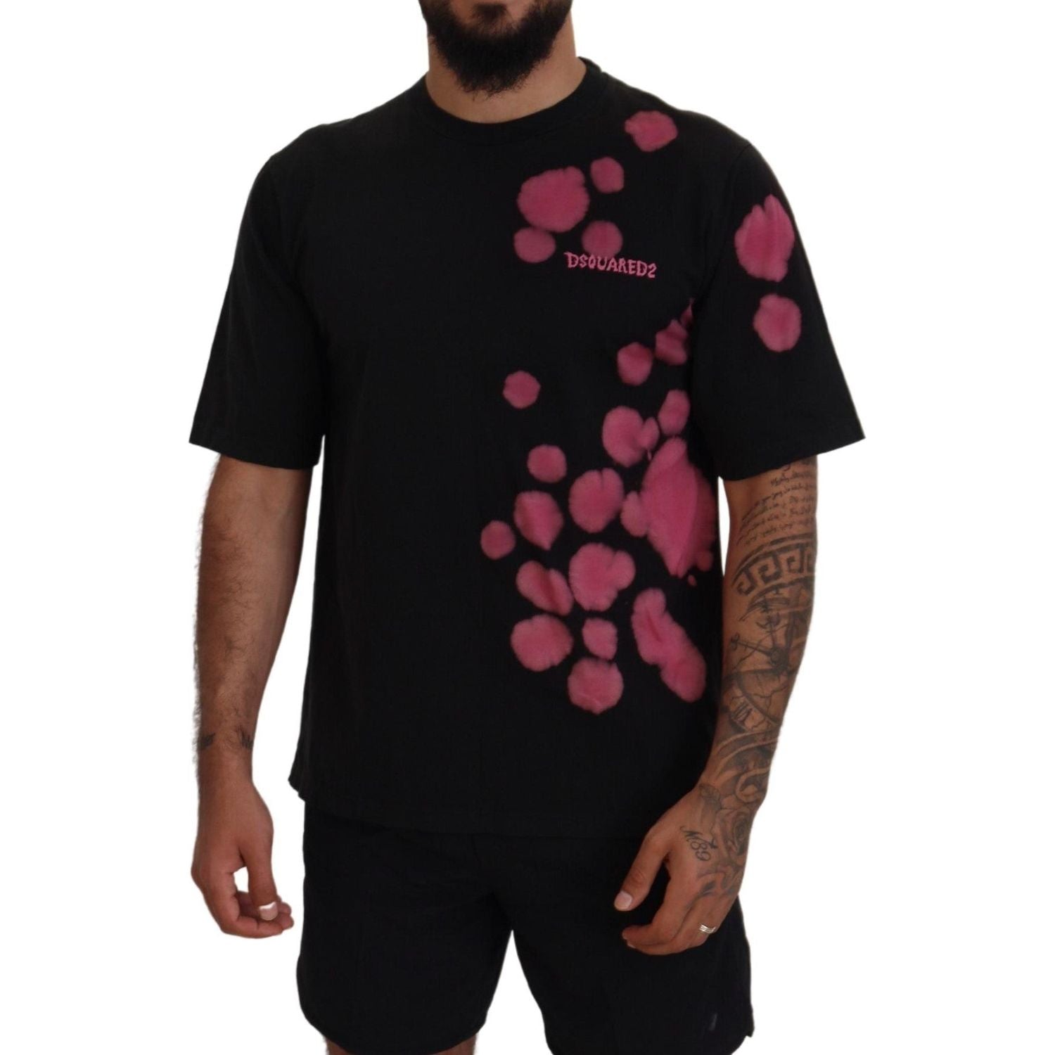 تي شيرت Dsquared² قطني بأكمام قصيرة ورقبة دائرية باللون الأسود والوردي