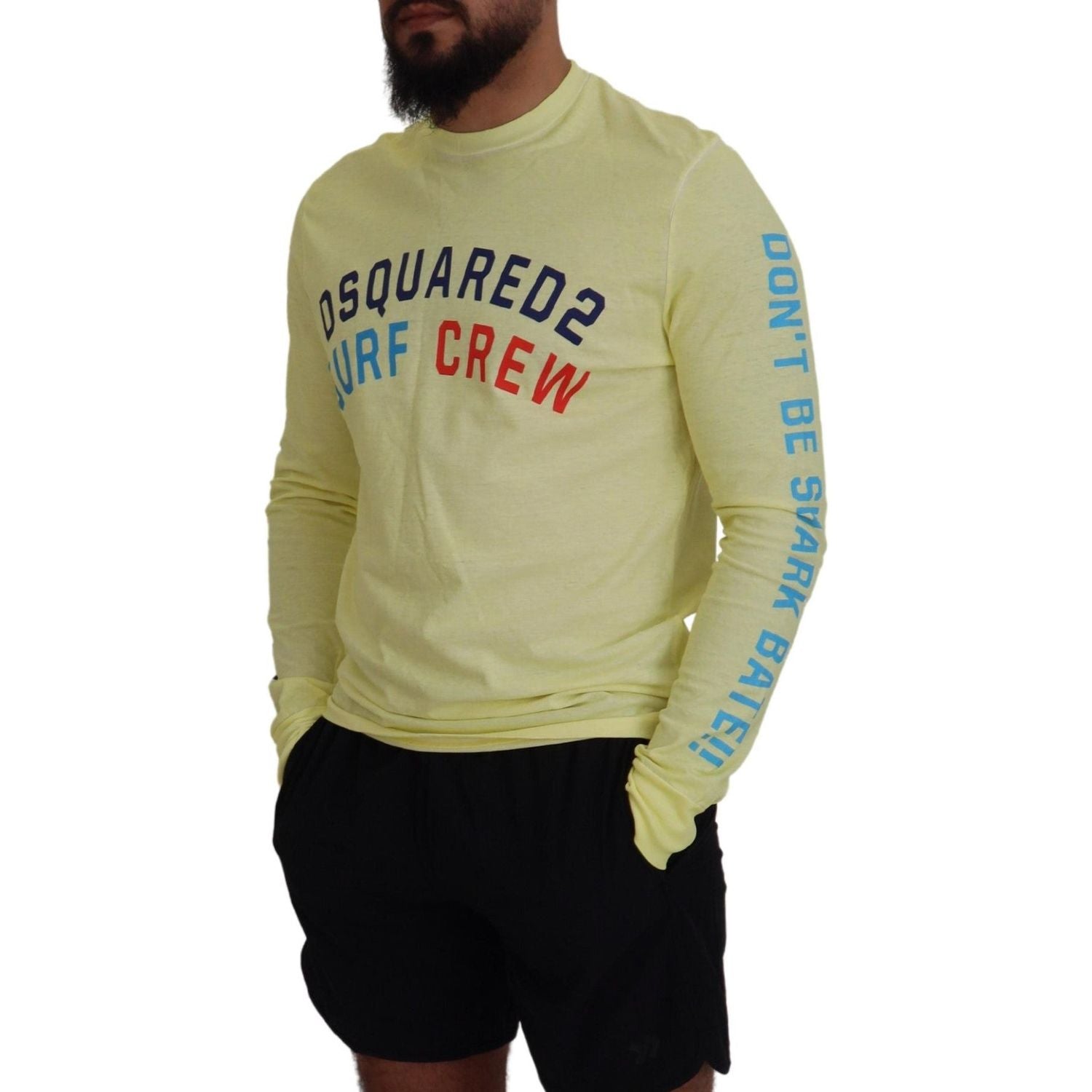 تي شيرت Dsquared² أصفر بطبعة ملونة بأكمام طويلة