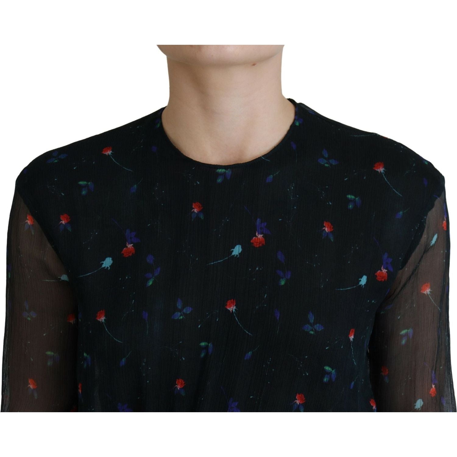 فستان قصير من الحرير بأكمام طويلة ومزين بنقشة زهور باللون الأسود من Dsquared²