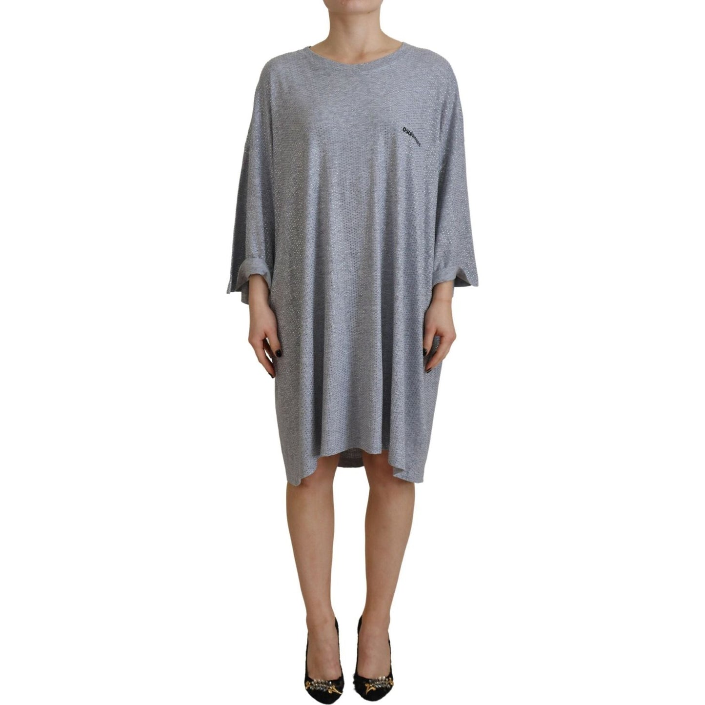 Dsquared² Gray Crystal Embellished Cotton Long Sleeves Dress DR28833-38