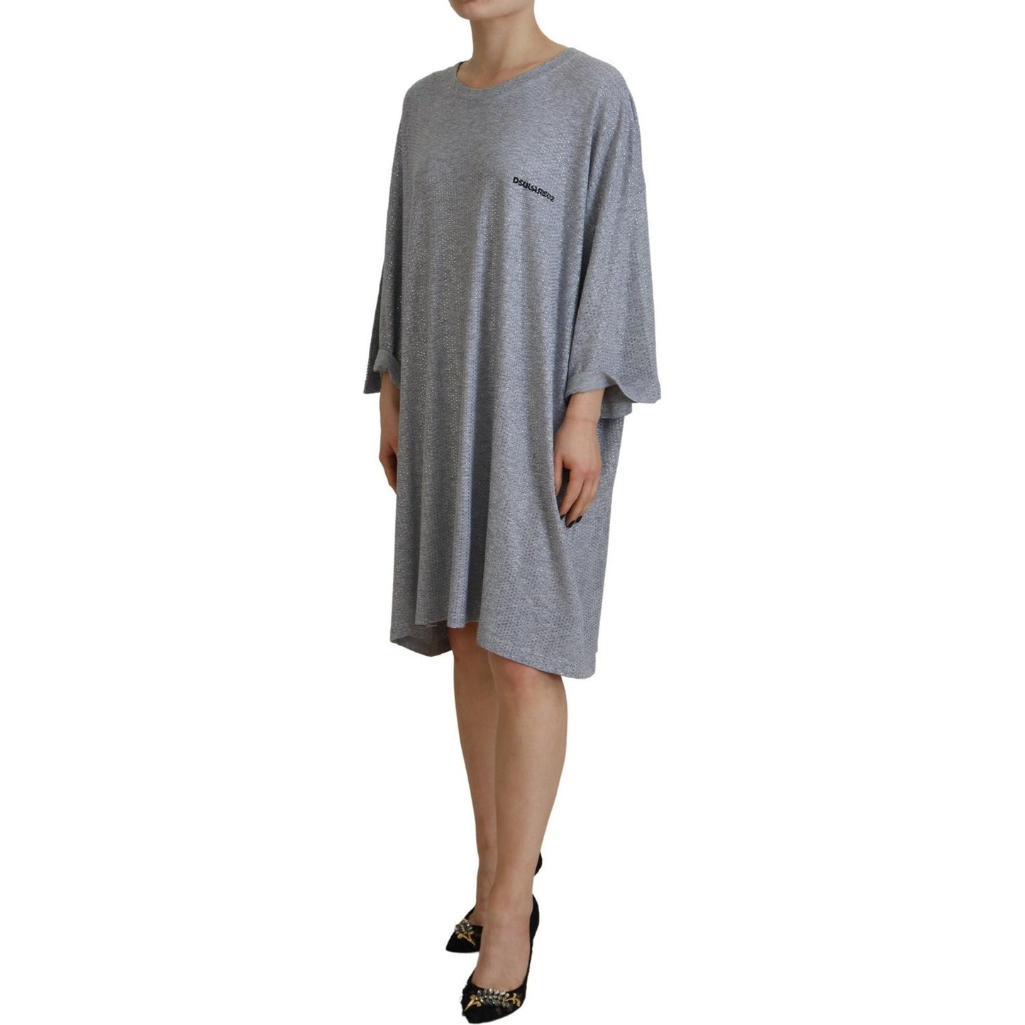 Dsquared² Gray Crystal Embellished Cotton Long Sleeves Dress DR28833-38