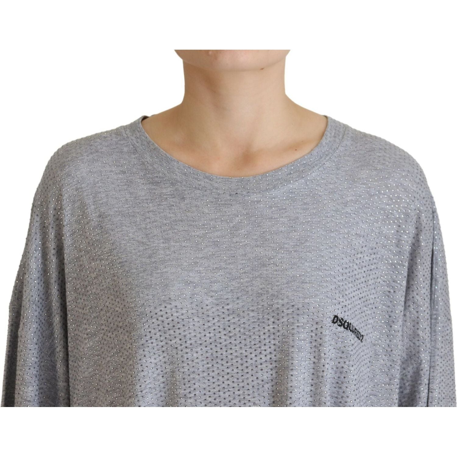 فستان من القطن بأكمام طويلة ومزين بالكريستال باللون الرمادي من Dsquared²