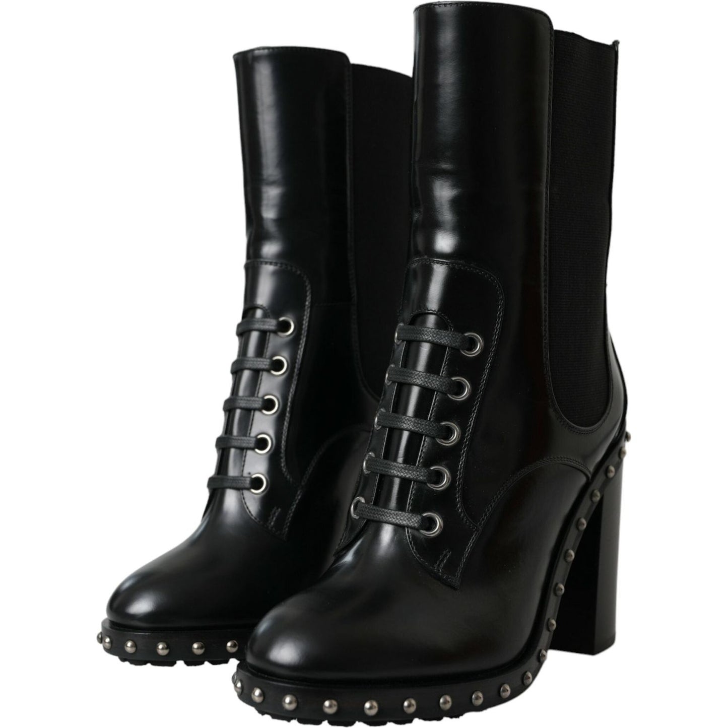 Dolce & Gabbana Black Leather Studded Lace Up Boots Shoes