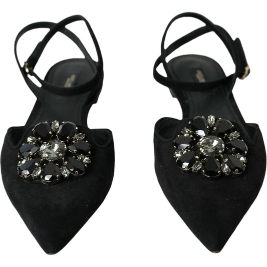 Dolce & Gabbana Black Leather Crystal Slingback Sandals Shoes LA10688-38
