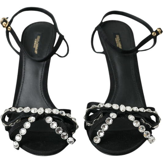 Dolce & Gabbana Black Viscose Crystal Bow Heels Sandals Shoes LA10834-39