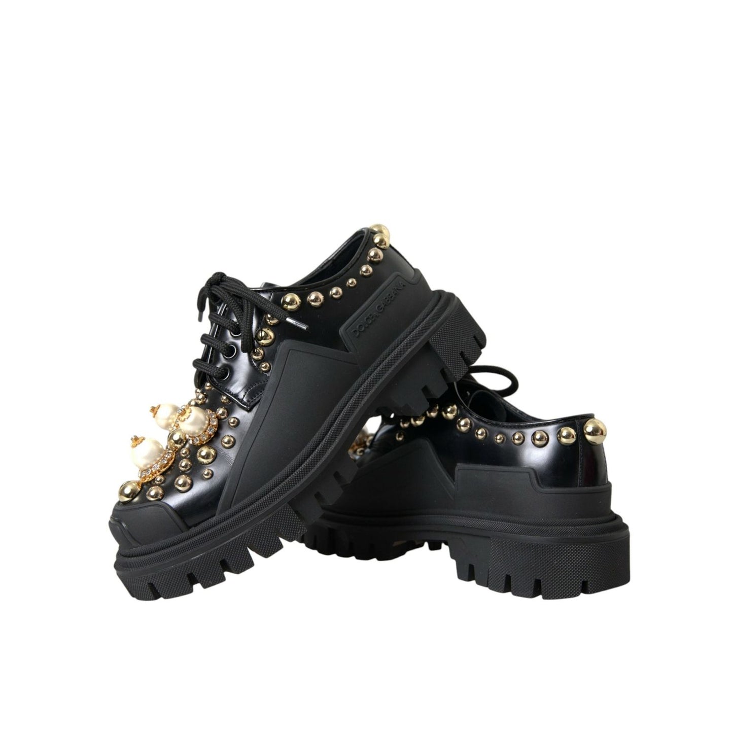Dolce & Gabbana Black Leather Trekking Derby Embellished Shoes LA10843#1-36.5