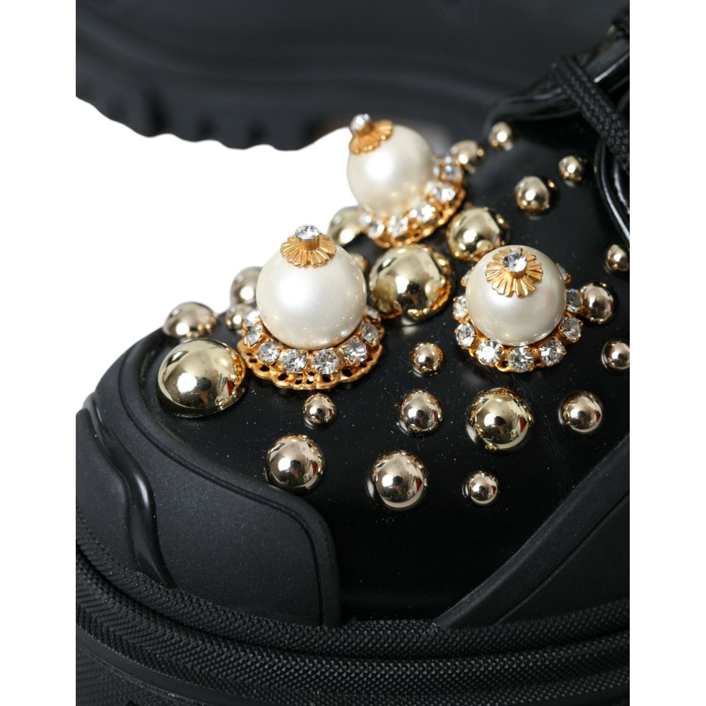 Dolce & Gabbana Black Leather Trekking Derby Embellished Shoes LA10843#1-36.5
