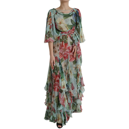 Dolce & Gabbana Blue Floral Print Tiered Long Maxi Dress DR281188-38