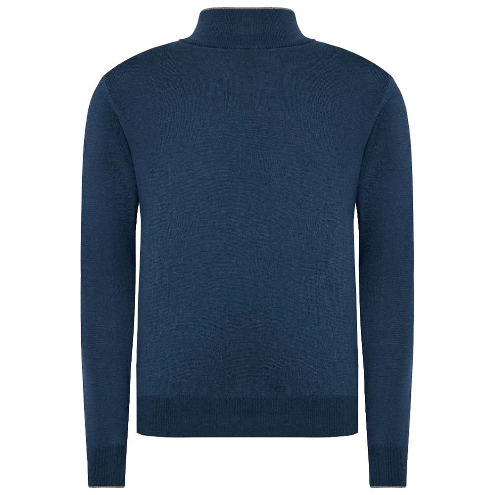 La Martina Blue Wool Men Sweater with Half Zip Closure