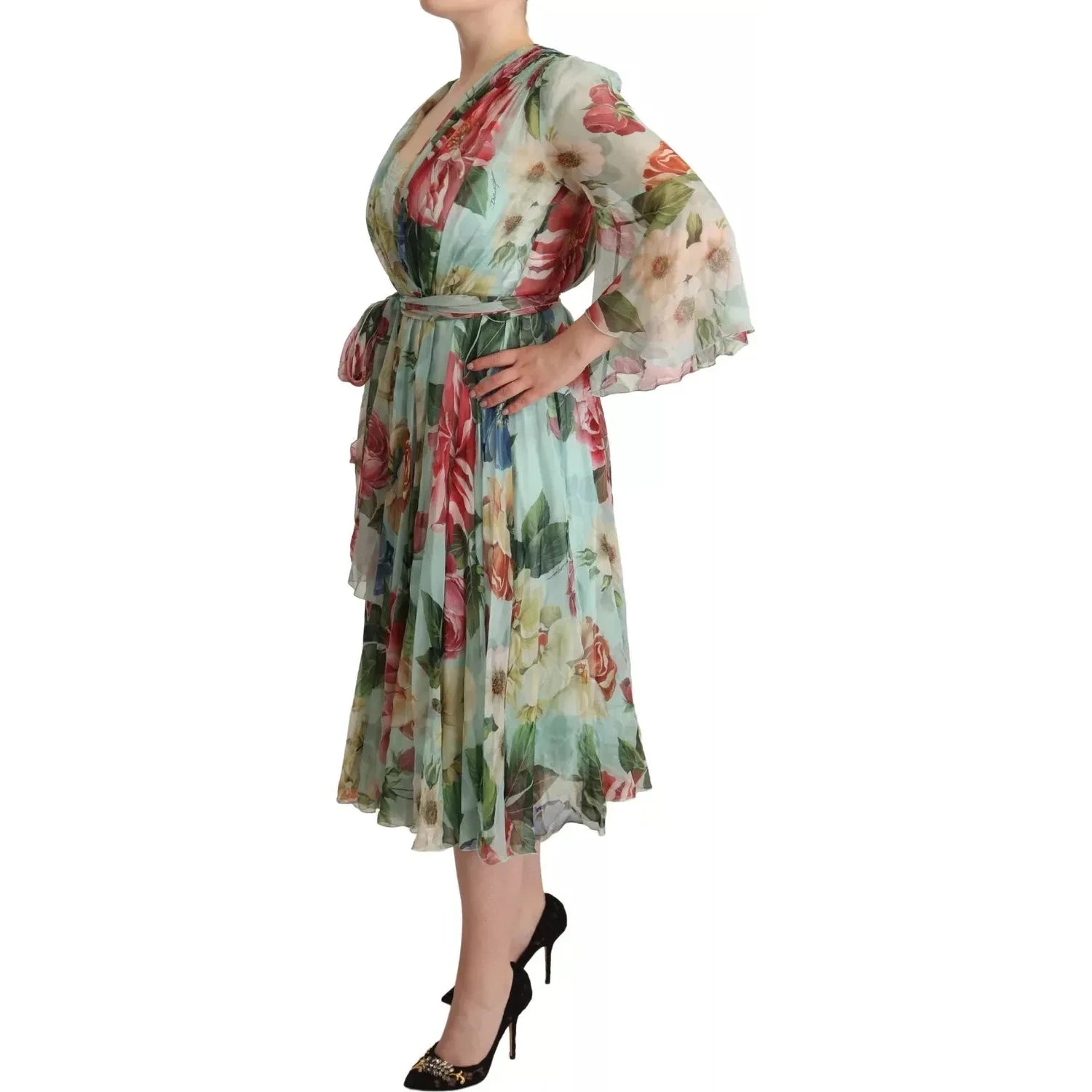Dolce & Gabbana Green Floral Long Sleeve V-neck Midi Dress