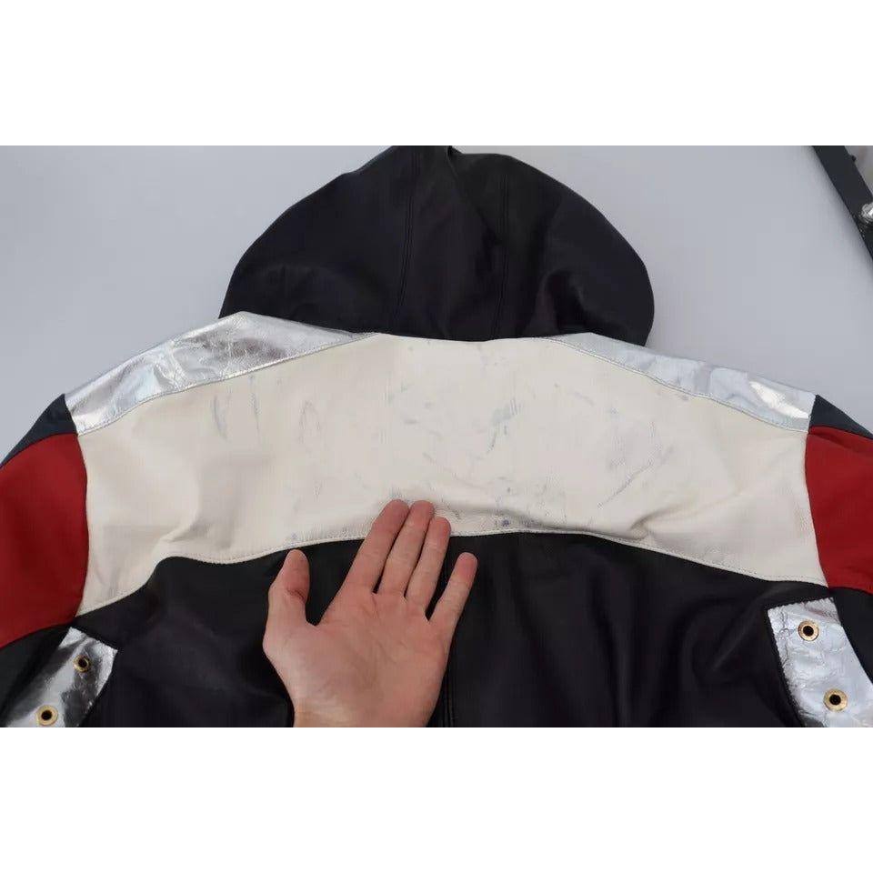 جاكيت معطف بغطاء رأس من الجلد الأسود من دولتشي آند غابانا