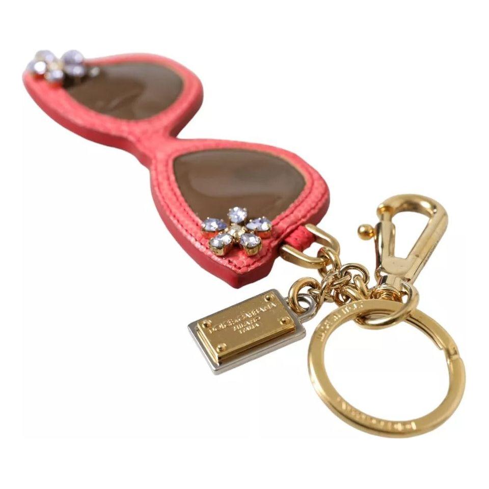 Dolce & Gabbana Red Leather Crystal Sunglasses Gold Metal Keyring Keychain SMY101329