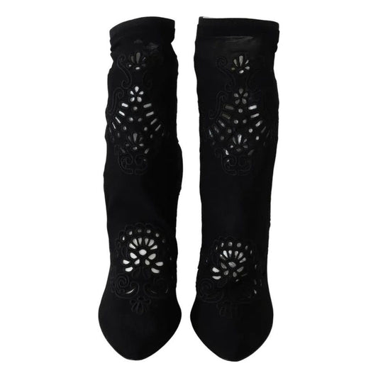 Dolce & Gabbana Black Stretch Pumps Boots Floral Lace Shoes