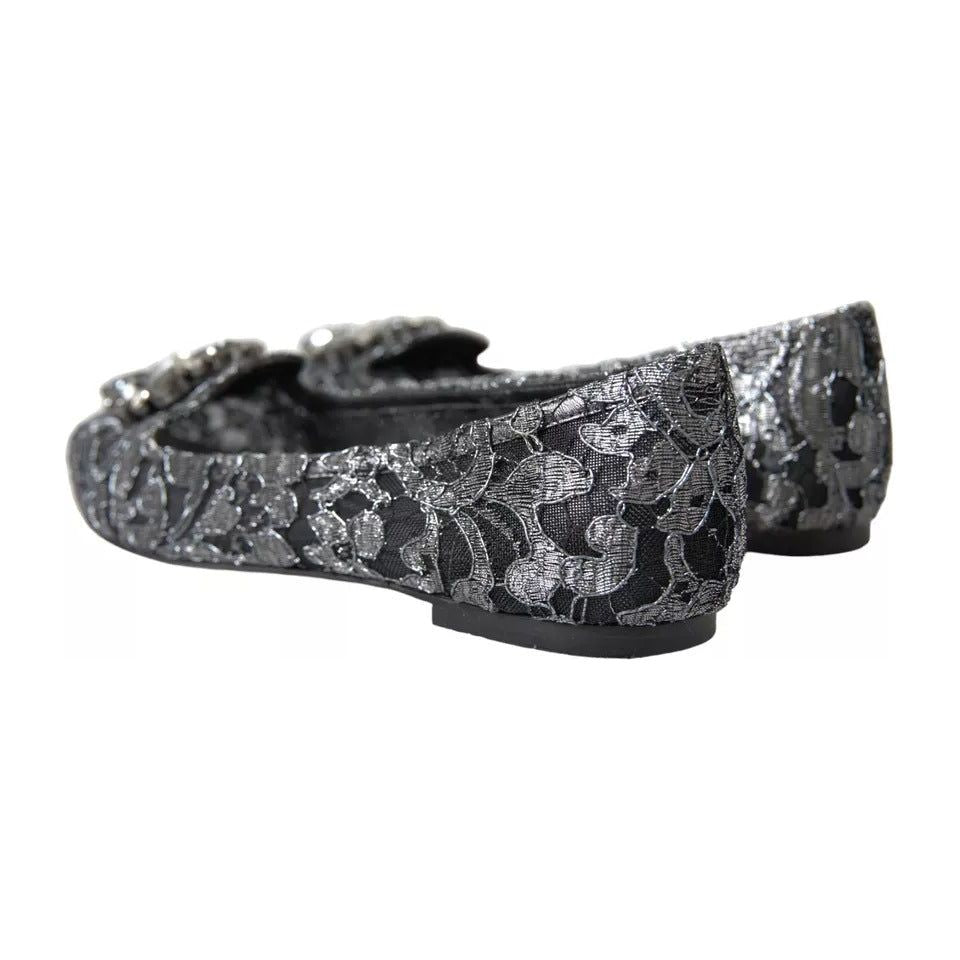 Dolce & Gabbana Gray Black Lace Crystal Ballet Loafers Shoes LA10882-35