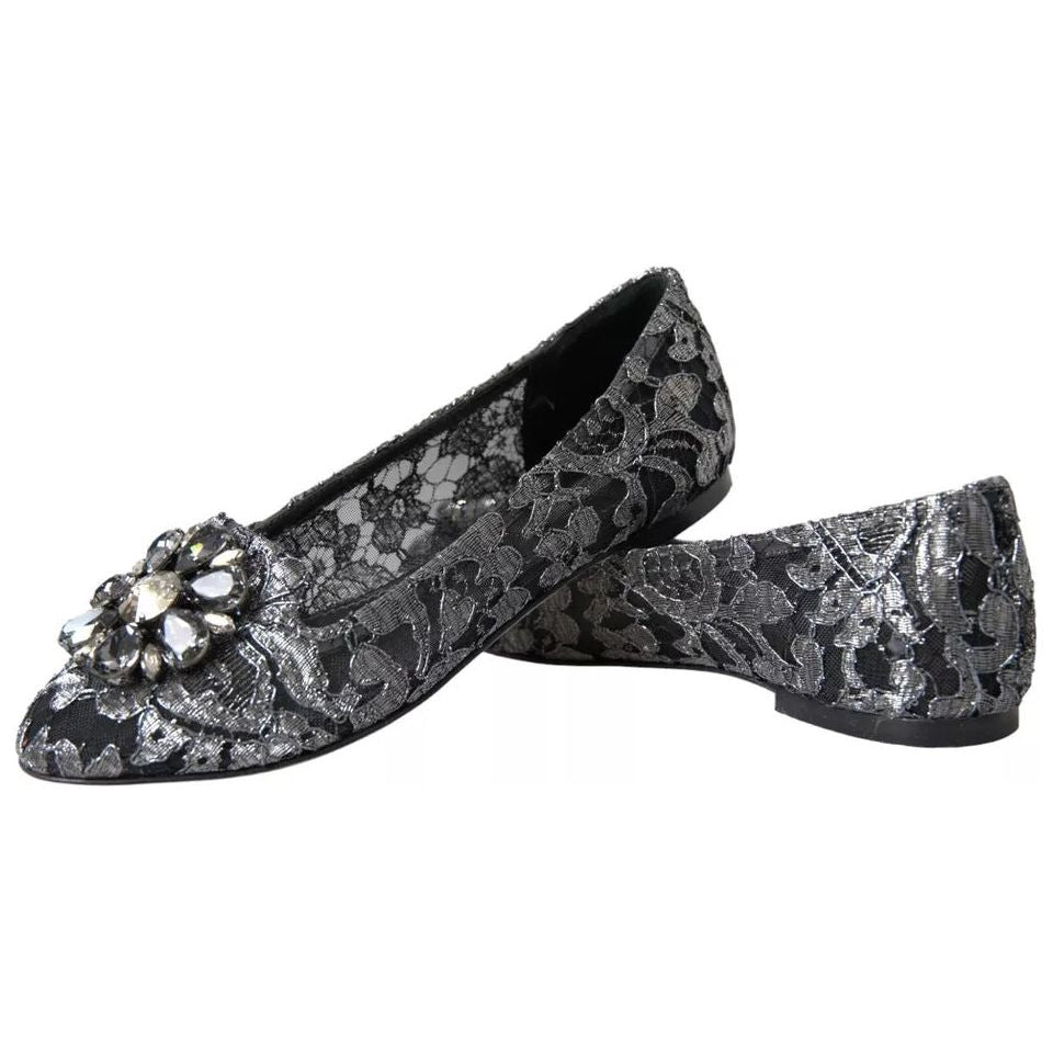 Dolce & Gabbana Gray Black Lace Crystal Ballet Loafers Shoes LA10882-35
