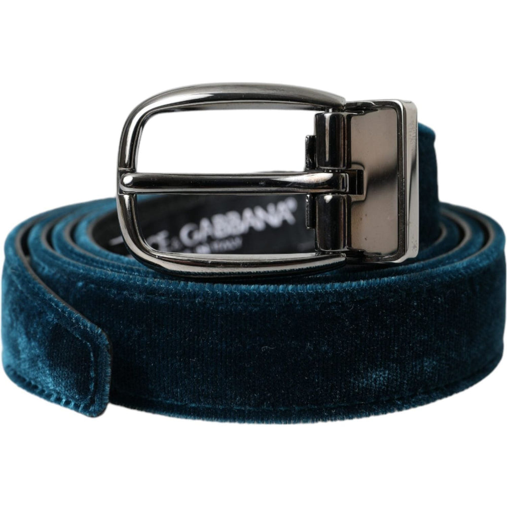 Dolce & Gabbana Blue Velvet Leather Silver Metal Buckle Belt BEL9177-95