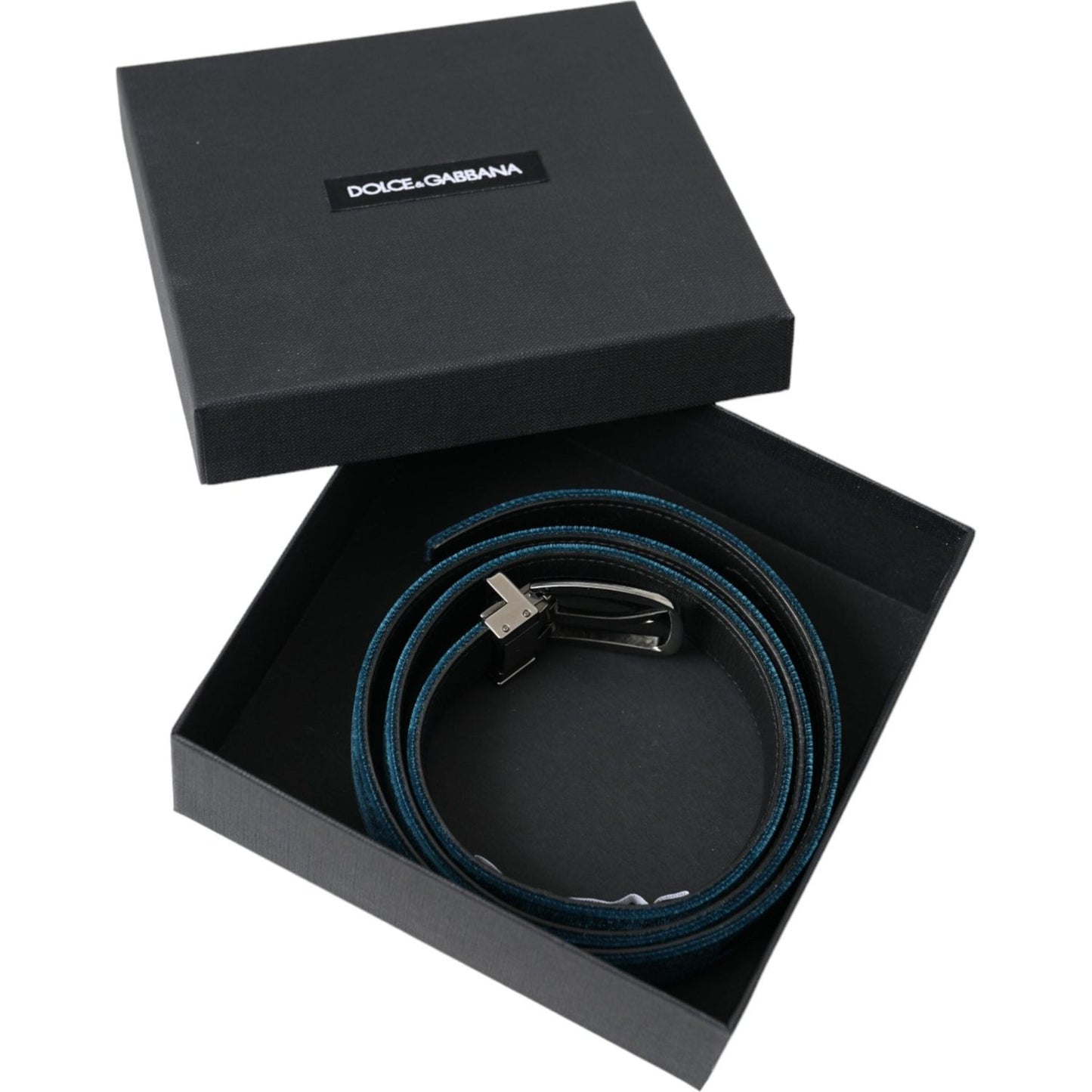 Dolce & Gabbana Blue Velvet Leather Silver Metal Buckle Belt BEL9177-95