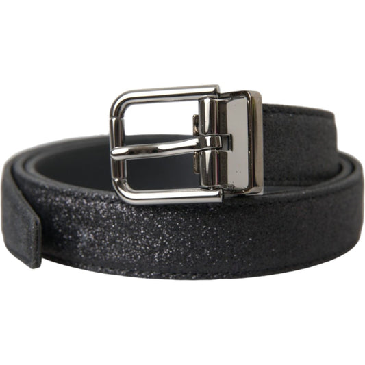 Dolce & Gabbana Black Glittered Leather Silver Buckle Belt WMB405-90