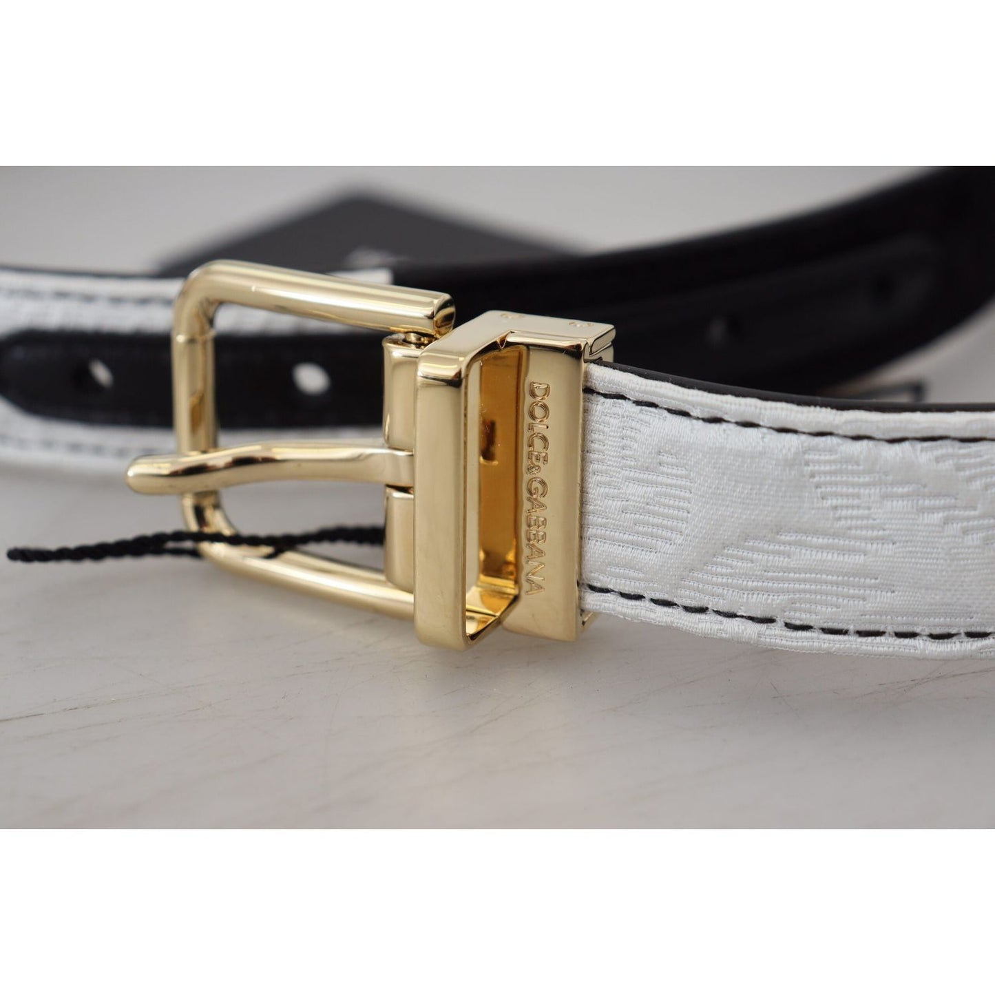 Dolce & Gabbana White Black Patchwork Gold Metal Buckle Belt WMB312-75