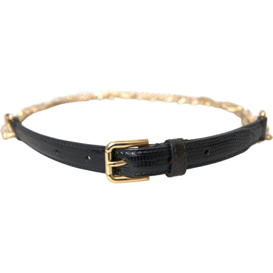 Dolce & Gabbana Black Leather Gold Chain Crystal Waist Women Belt WMB403-L