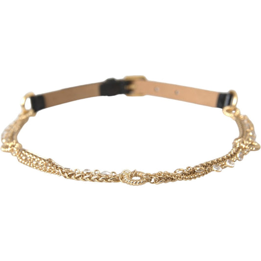 Dolce & Gabbana Black Leather Gold Chain Crystal Waist Women Belt WMB403-L