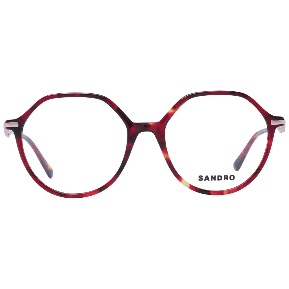 Sandro Red Women Glasses Frame made from red acetate, round style, full-rim design with demo lenses, includes branded case.