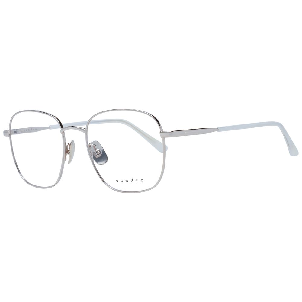 Sandro Silver Women Glasses Frame, square style, full-rim stainless steel, silver finish, includes branded case, stylish eyewear for women.