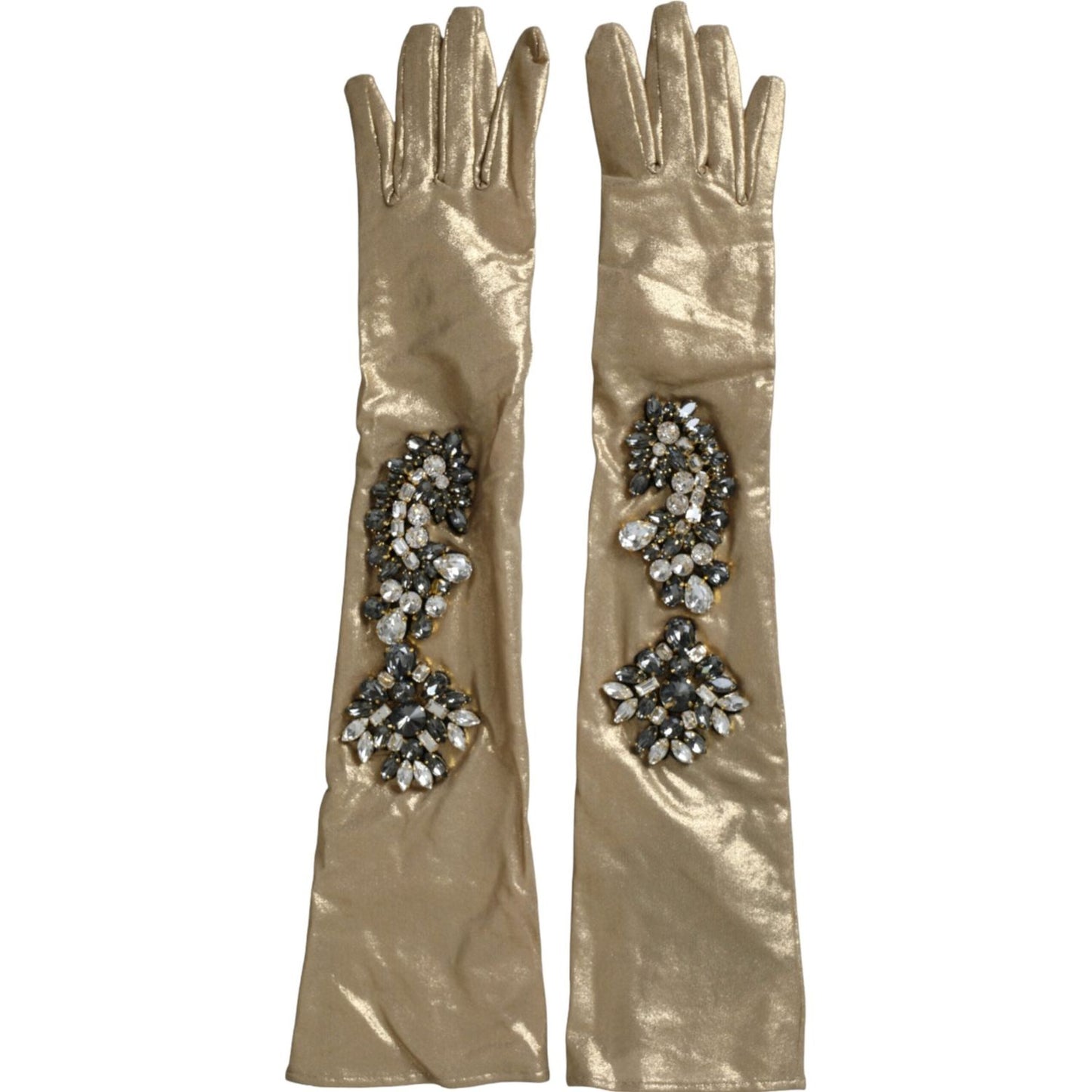 Dolce & Gabbana Beige Satin Crystal Elbow Length Gloves LB30137-6.5