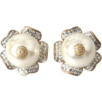 Dolce & Gabbana Gold Tone Maxi Faux Pearl Floral Clip-on Jewelry Earrings Earrings