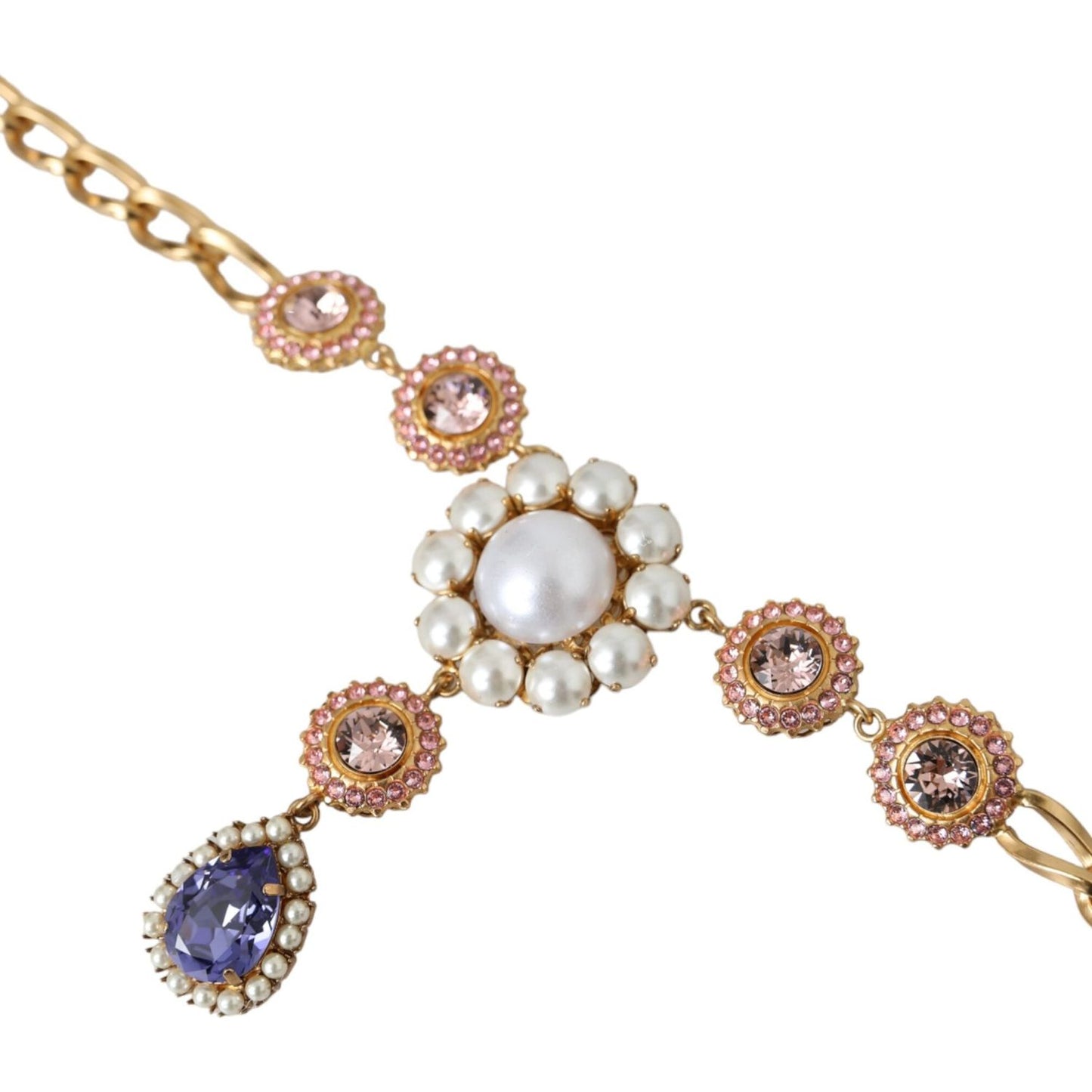 Dolce & Gabbana Gold Brass Crystal Purple Pink Pearl Pendants Necklace Necklace