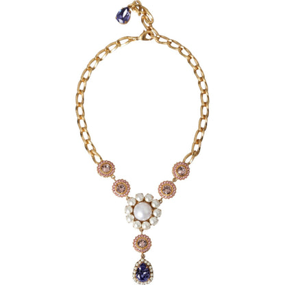 Dolce & Gabbana Gold Brass Crystal Purple Pink Pearl Pendants Necklace Necklace
