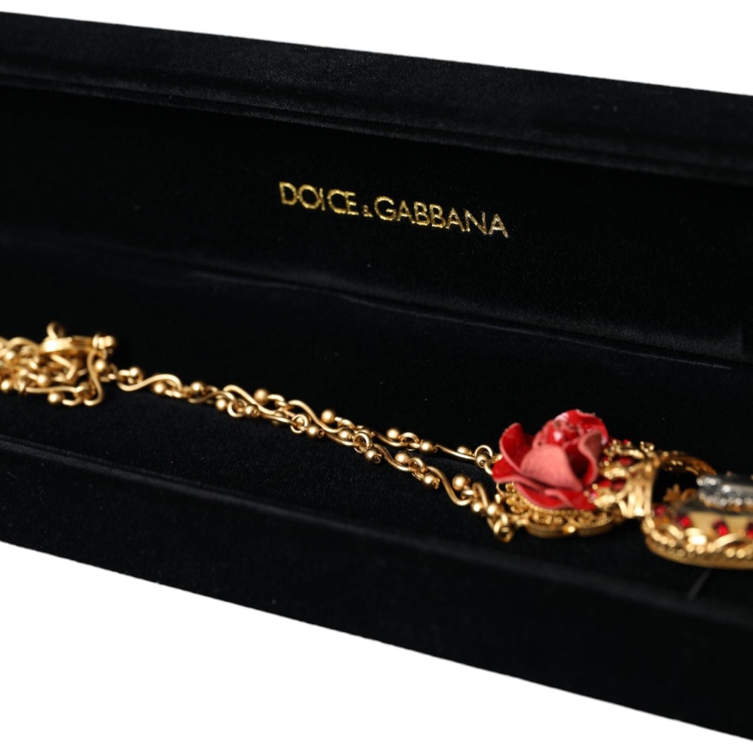 Dolce & Gabbana Gold BrassChain Sacred Heart Rose Crystal Charm Necklace