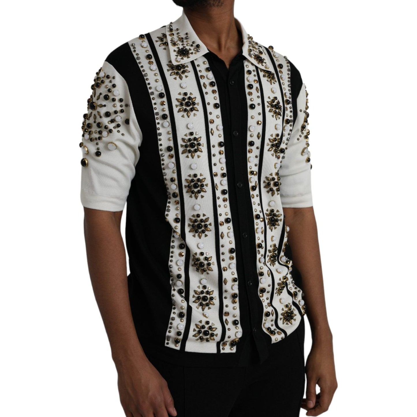 Dolce & Gabbana White Black Silk Studded Stone Crystal Shirt TSH86284-50
