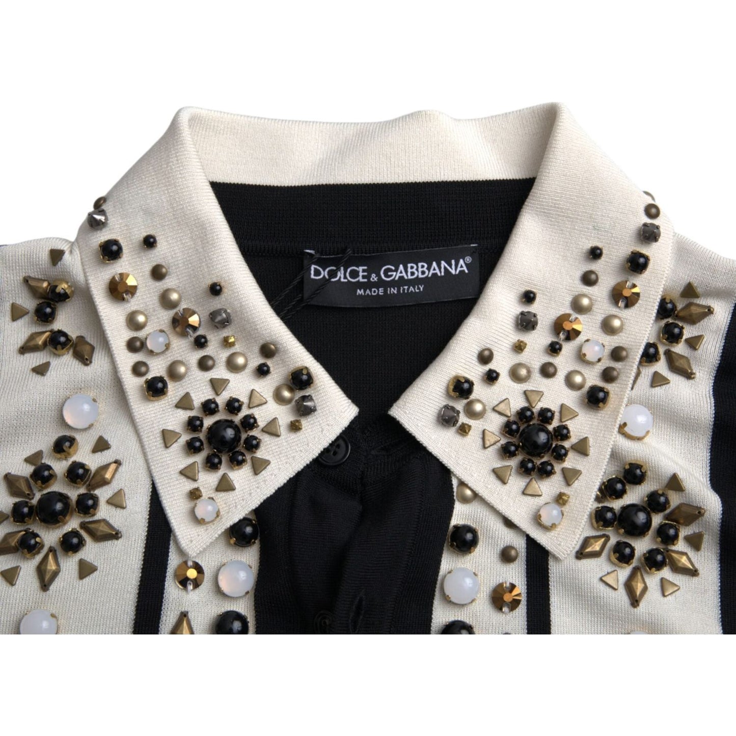 Dolce & Gabbana White Black Silk Studded Stone Crystal Shirt TSH86284-50