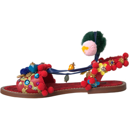 Dolce & Gabbana Multicolor Pom Pom Fur Wrap Sandals Shoes