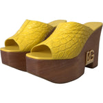 Dolce & Gabbana Yellow Leather Wood Mule Wedge Slides Shoes LA11014-39.5