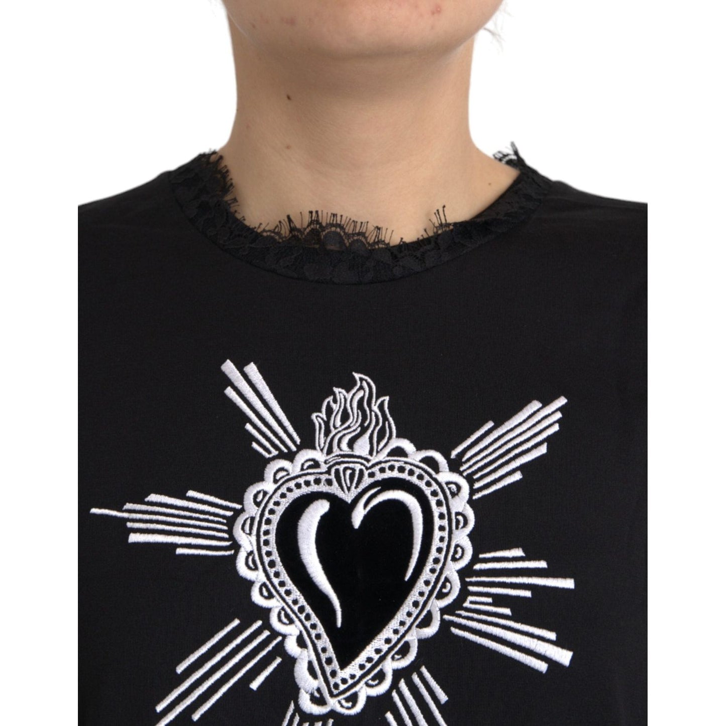 Dolce & Gabbana Black Sacred Heart Print Cotton Lace T-shirt TSH8141-42