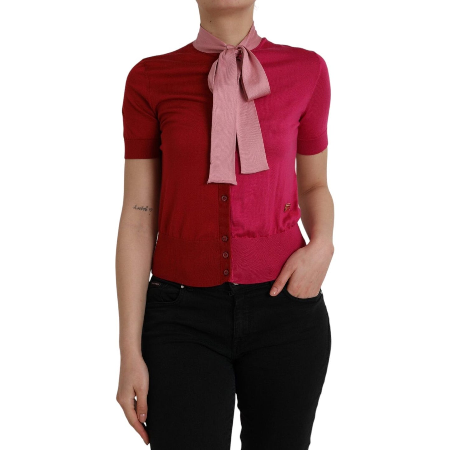 Dolce & Gabbana Pink Short Sleeves Pullover Ascot Collar Top TSH852027-40