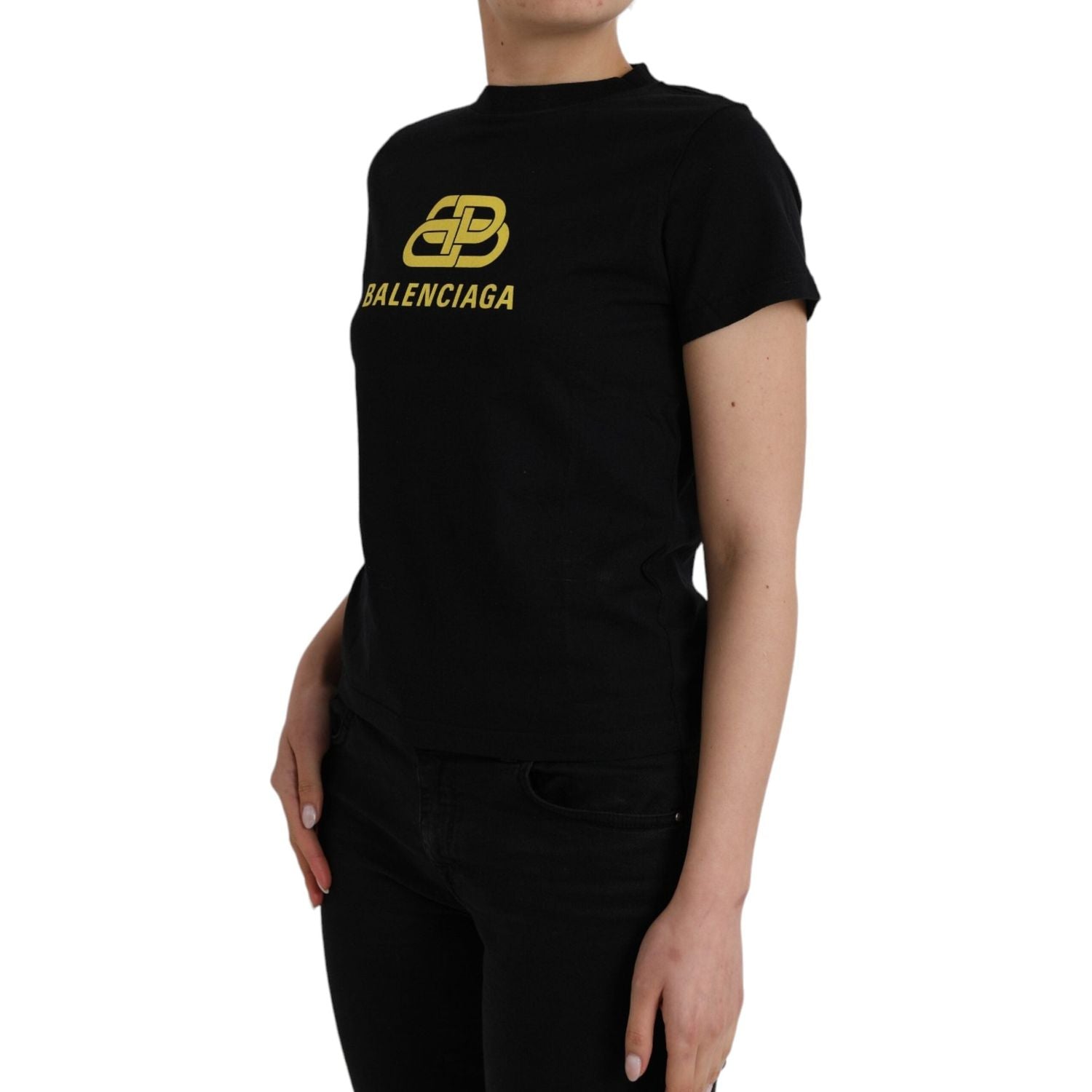 تي شيرت Balenciaga أسود من القطن بطبعة شعار ورقبة دائرية وأكمام قصيرة