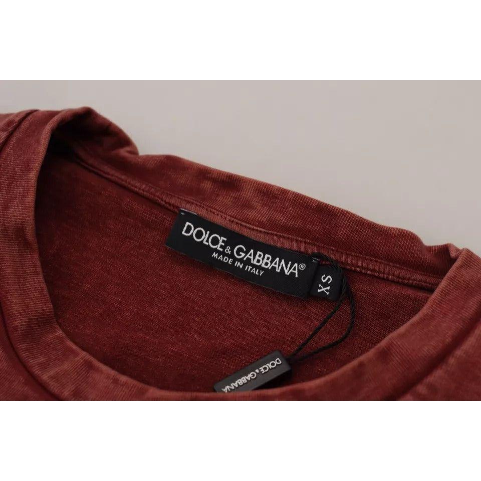 تي شيرت Dolce &amp; Gabbana Maroon Printed Crewneck من القطن