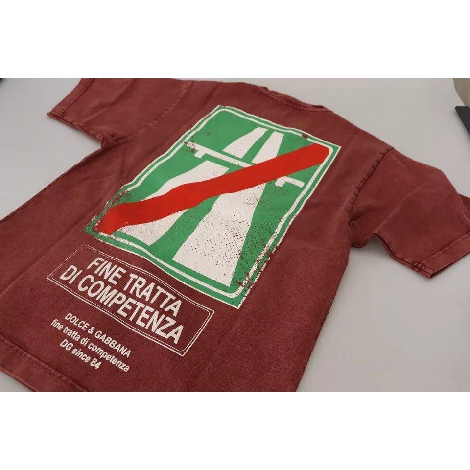 تي شيرت Dolce &amp; Gabbana Maroon Printed Crewneck من القطن